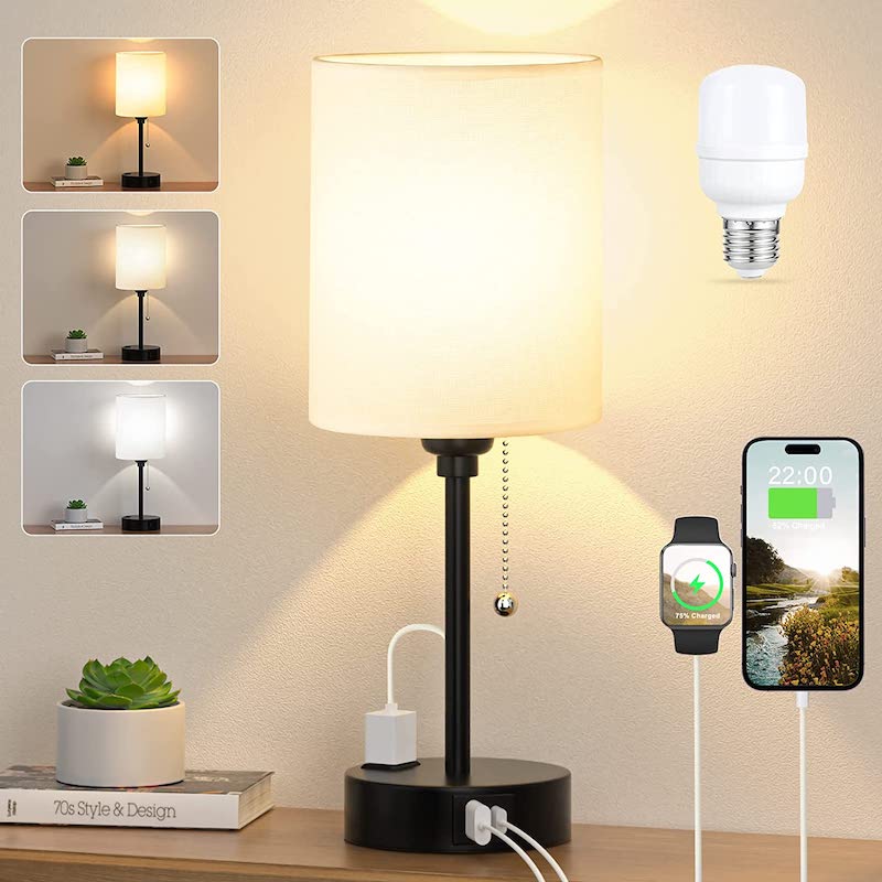 Elegant Linen Table Lamp with Smart Charging and Adjustable Color Temperatures