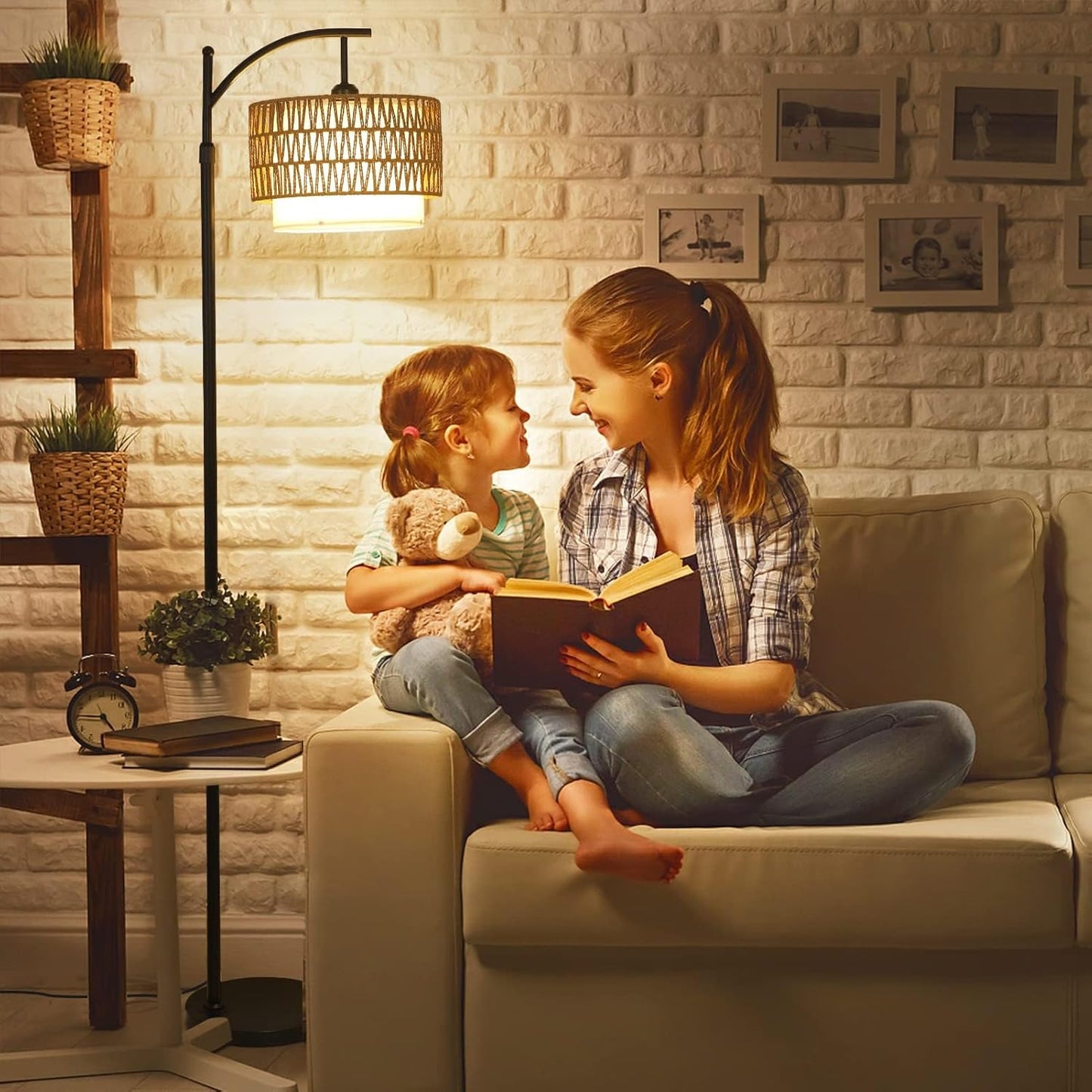 Adjustable Arc Floor Lamp with Remote Control and Dual Shades