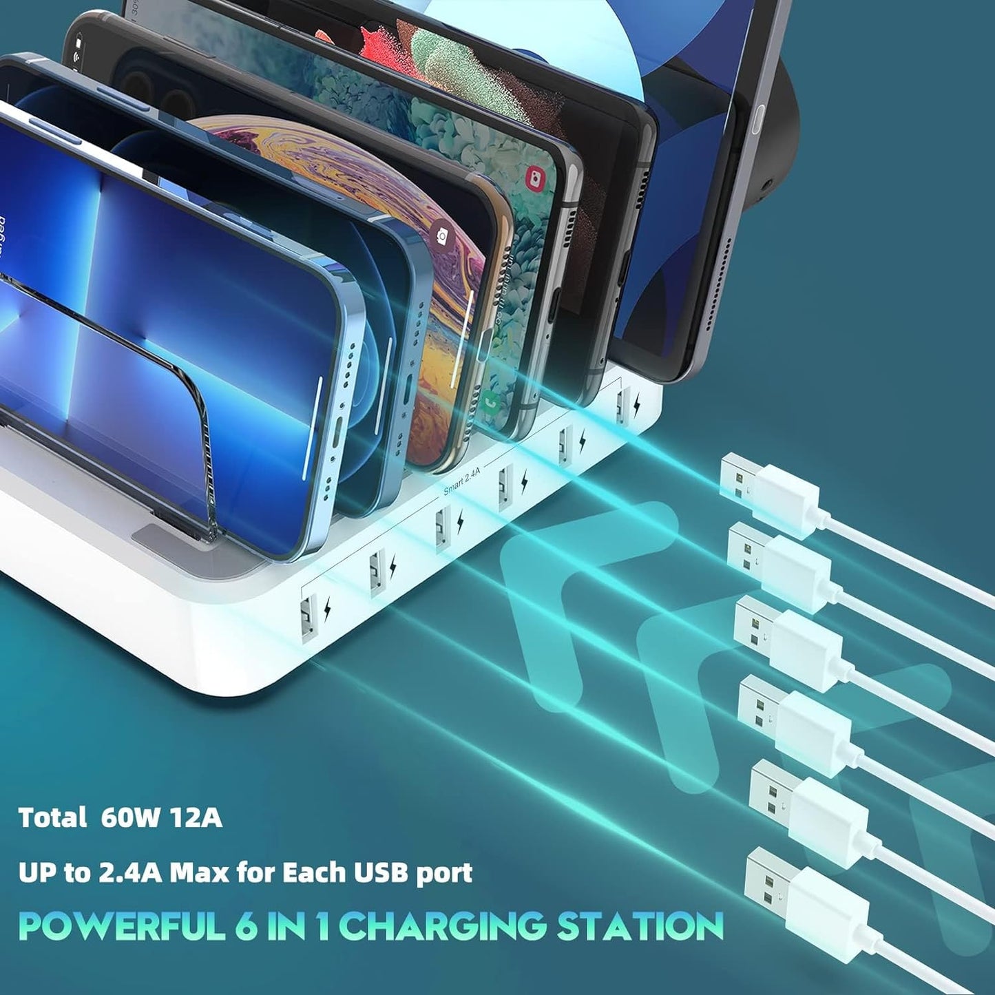 6-Port Fast Charging Station with Adjustable Dividers and Earbud Holder