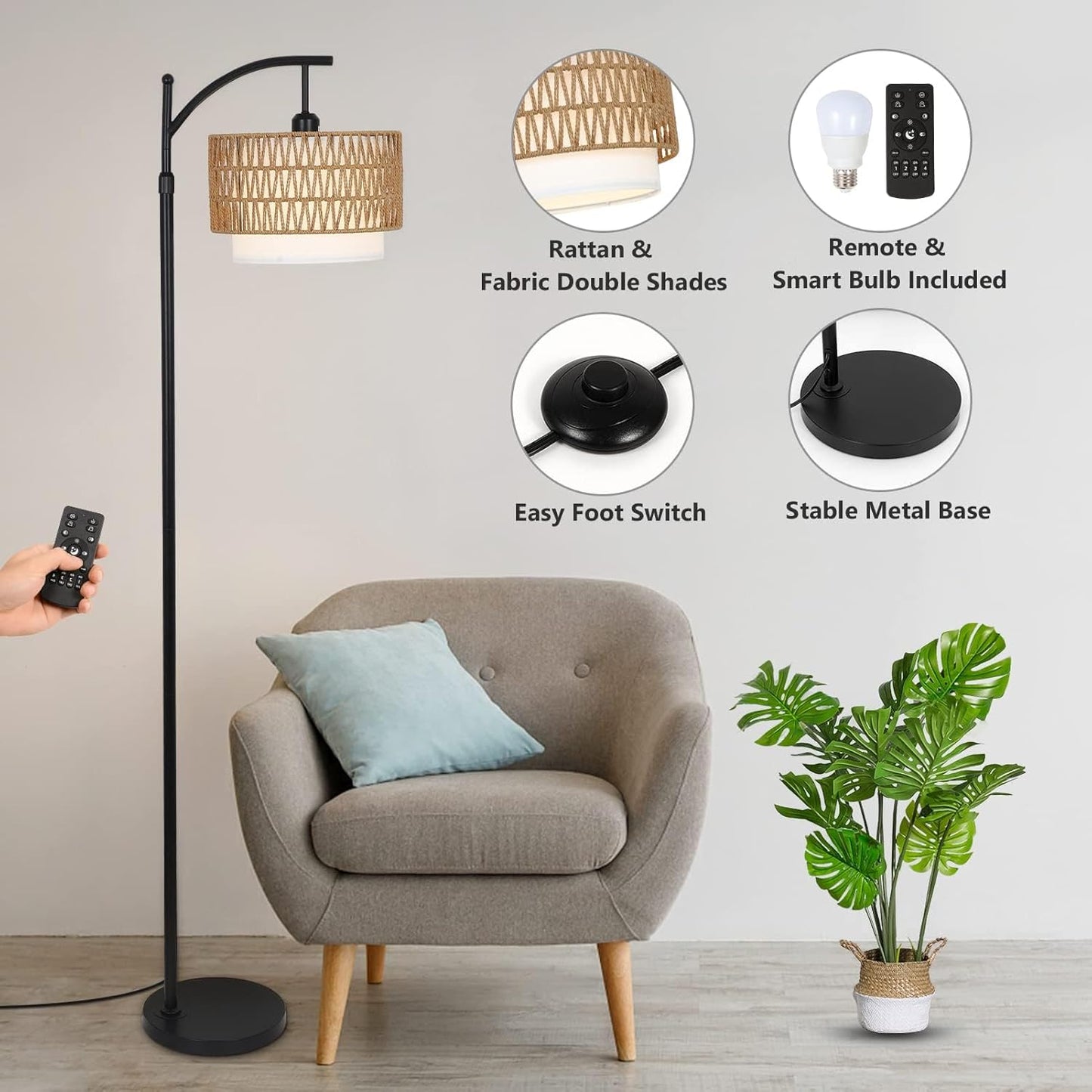 Adjustable Arc Floor Lamp with Remote Control and Dual Shades
