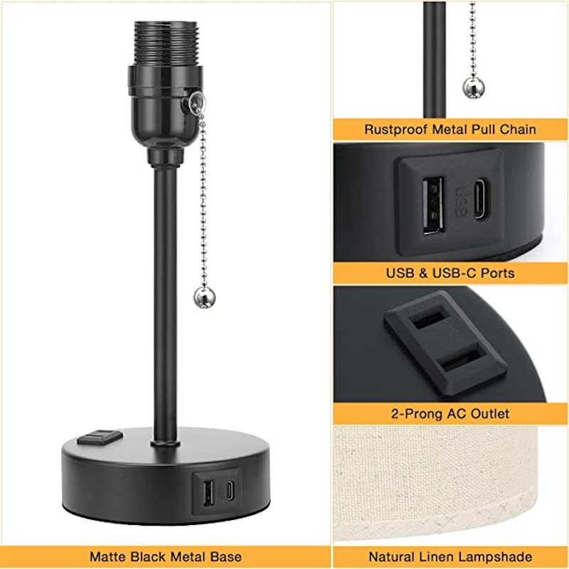 Elegant Linen Table Lamp with Smart Charging and Adjustable Color Temperatures