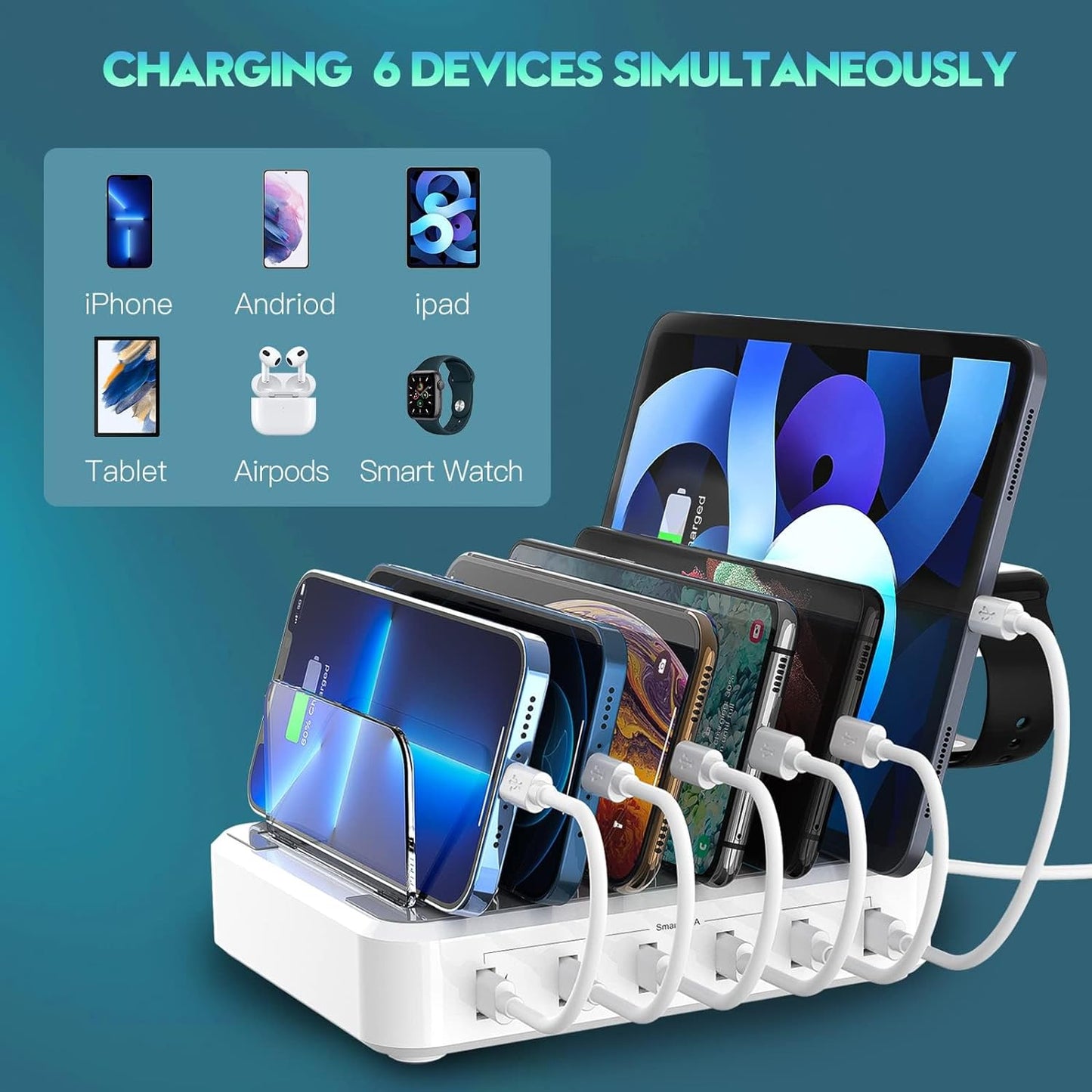 6-Port Fast Charging Station with Adjustable Dividers and Earbud Holder