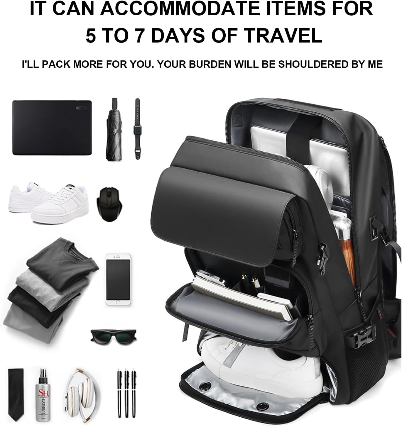 50L Waterproof Travel Backpack with USB Charging Port and Shoe Compartment