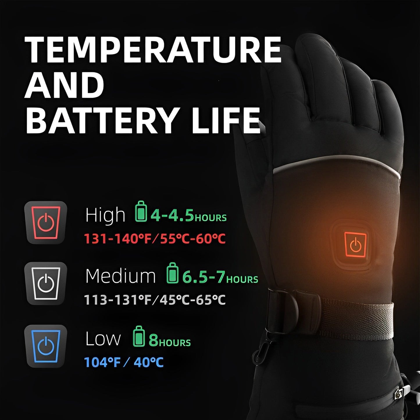Electric Heated Gloves with 3 Heat Settings Waterproof Winter Hand Warmers