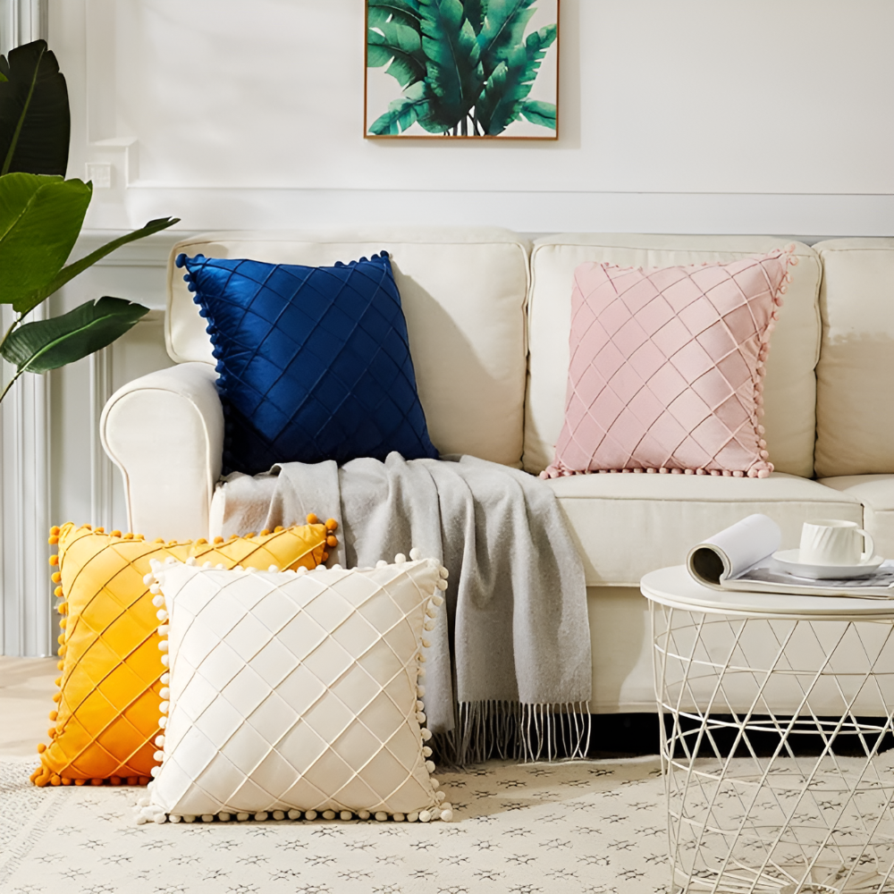 Quilted Velvet Cushion Cover with Wool Ball Design