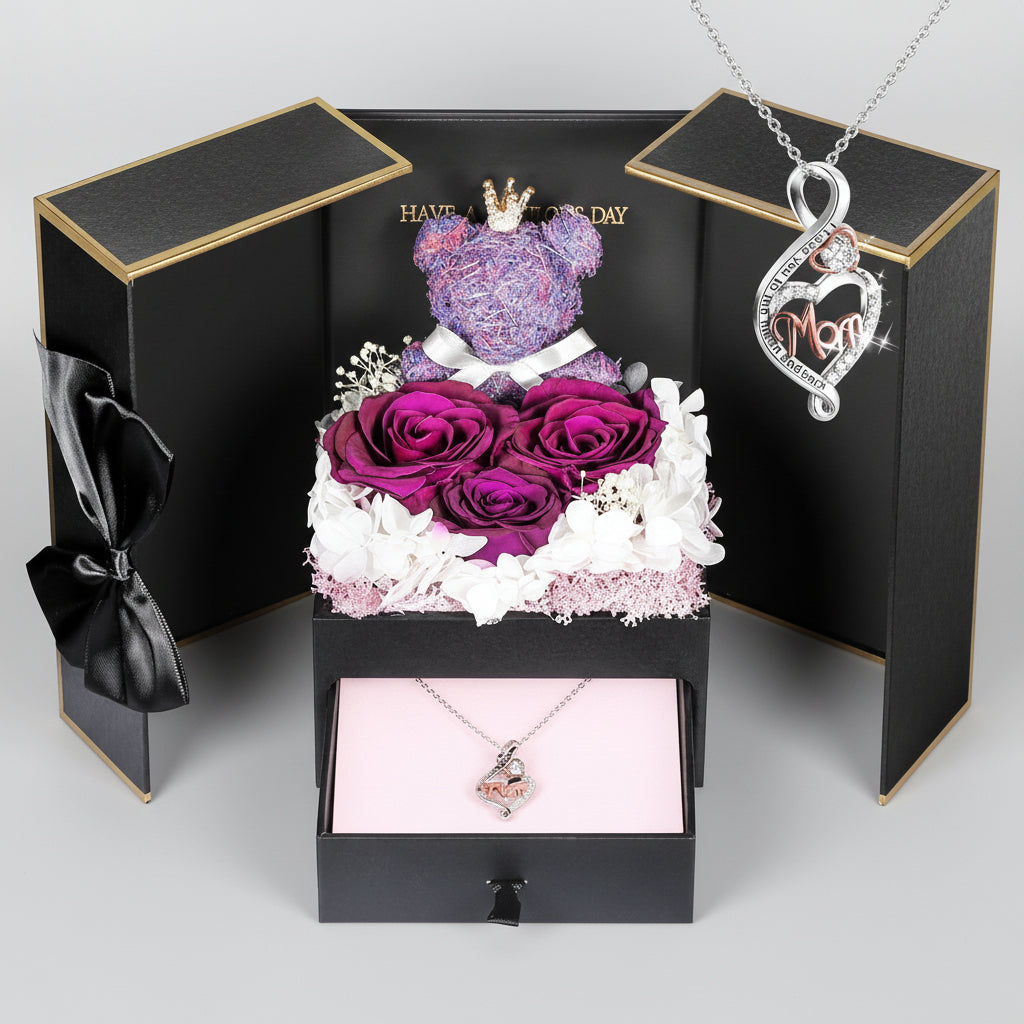 Eternal Roses with I Love You Necklace and Moss Bear Gift Set