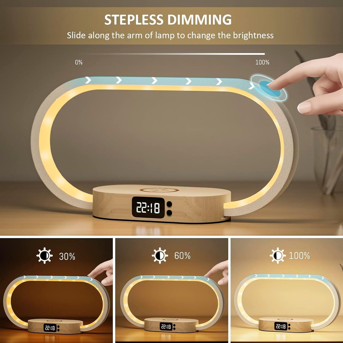 Wireless Charging Bedside Lamp with Clock and Touch Control