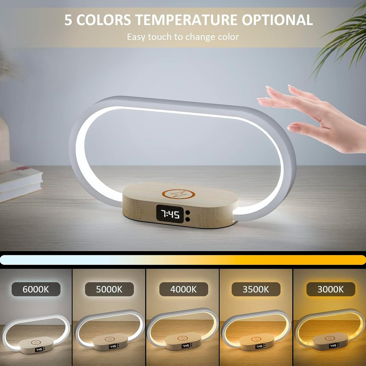 Wireless Charging Bedside Lamp with Clock and Touch Control