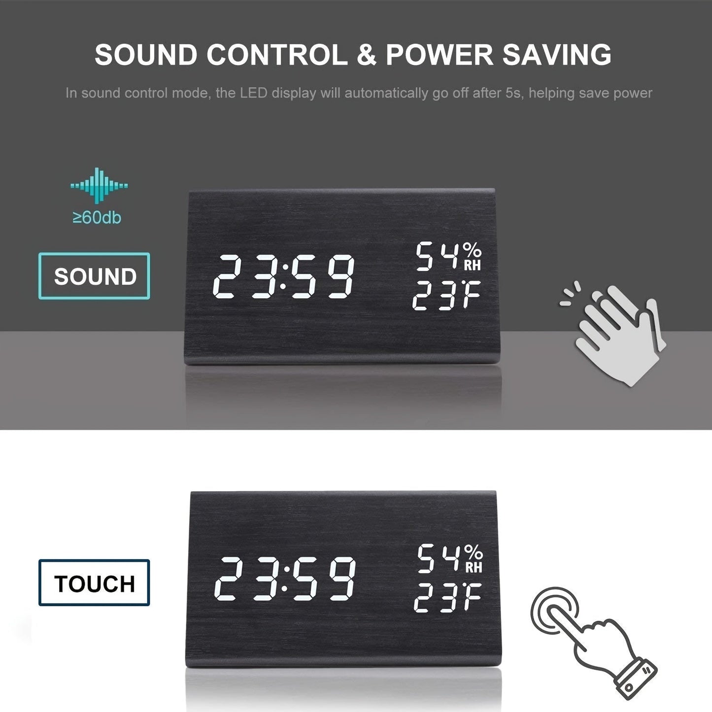 Modern Wooden LED Digital Alarm Clock with Temperature and Humidity Display