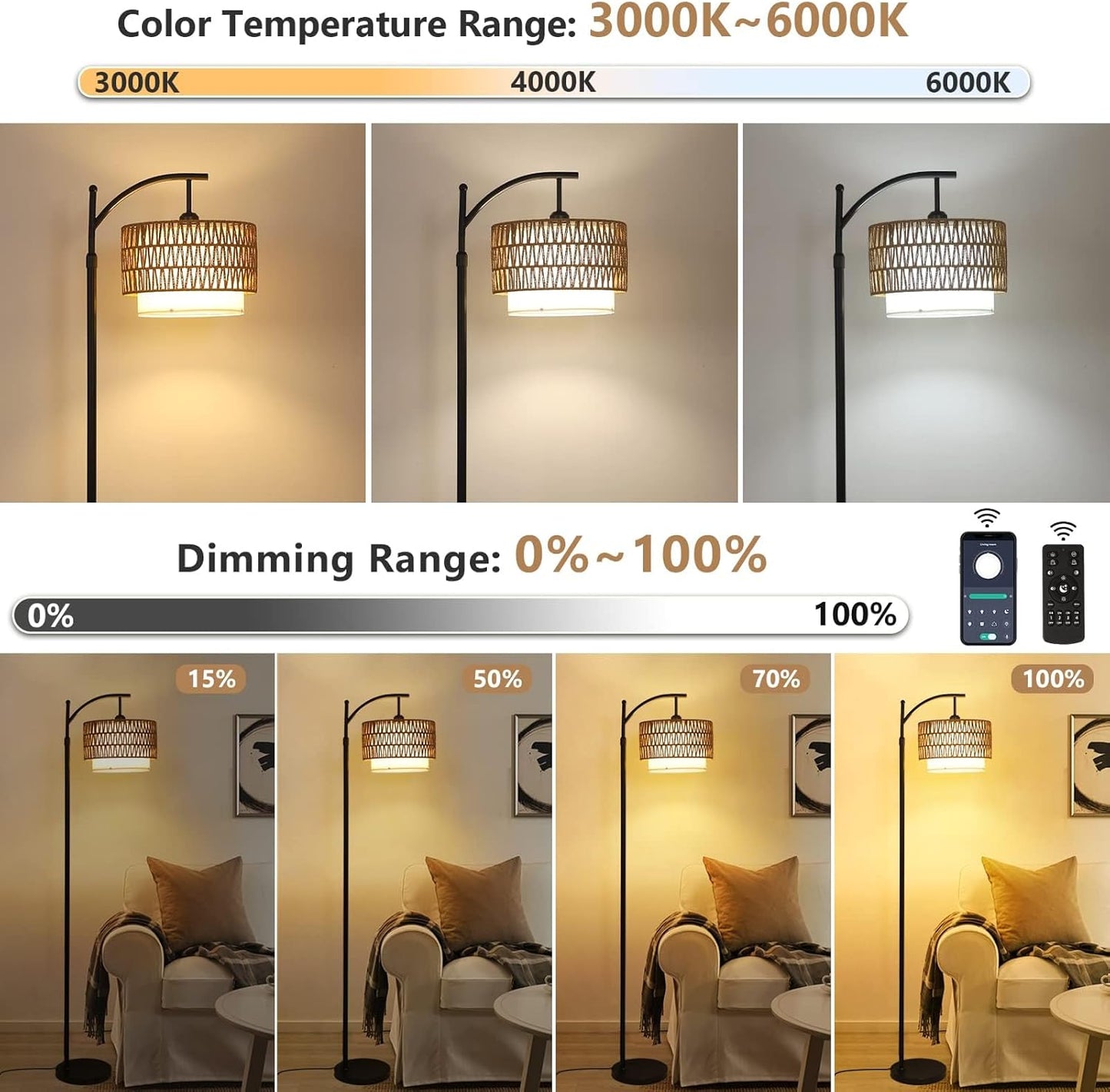 Adjustable Arc Floor Lamp with Remote Control and Dual Shades