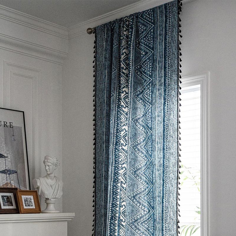 Blue Geometric Pattern Light-Filtering Curtain