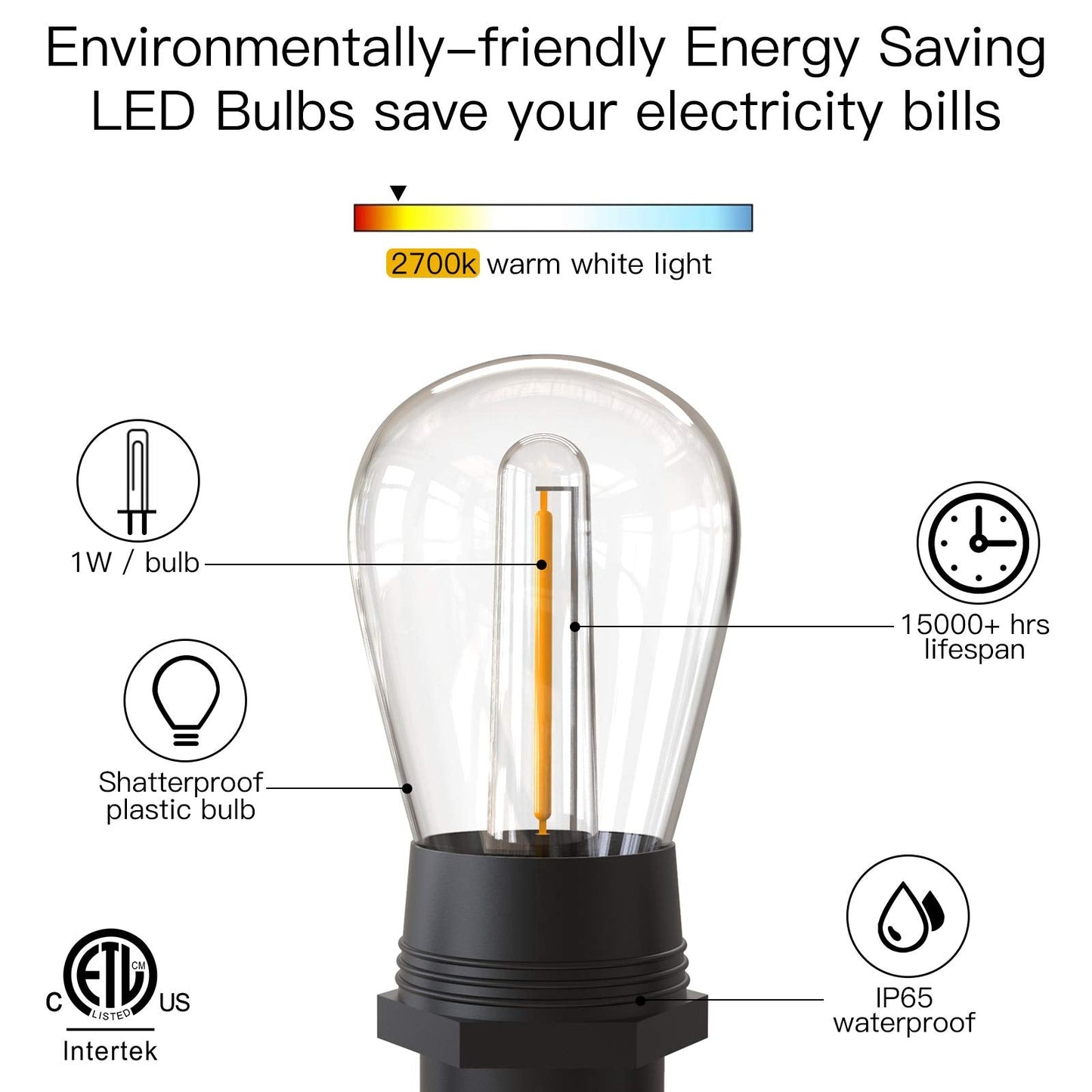 53FT Outdoor LED String Lights with 15 Dimmable Bulbs, IP65 Waterproof Garden Lights for Patio and Party