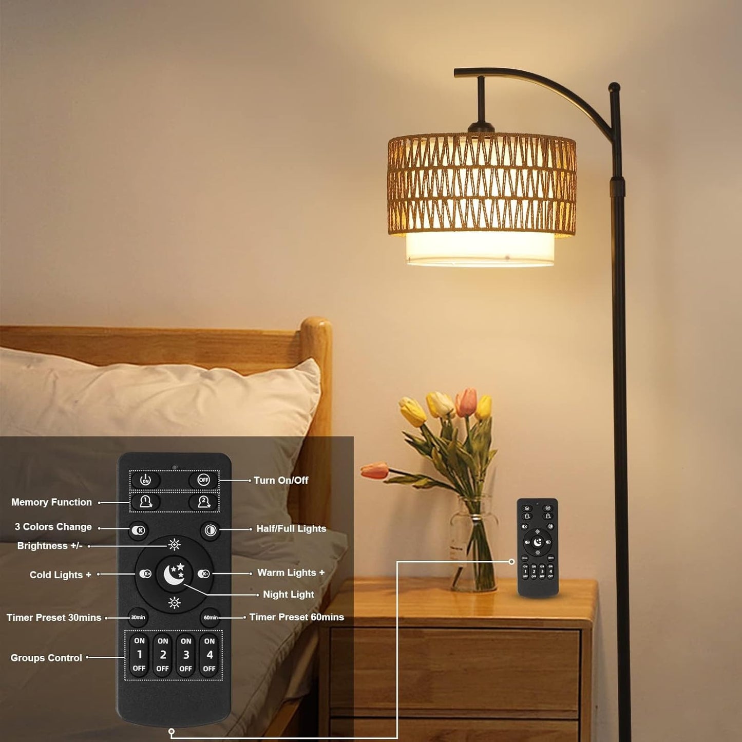 Adjustable Arc Floor Lamp with Remote Control and Dual Shades