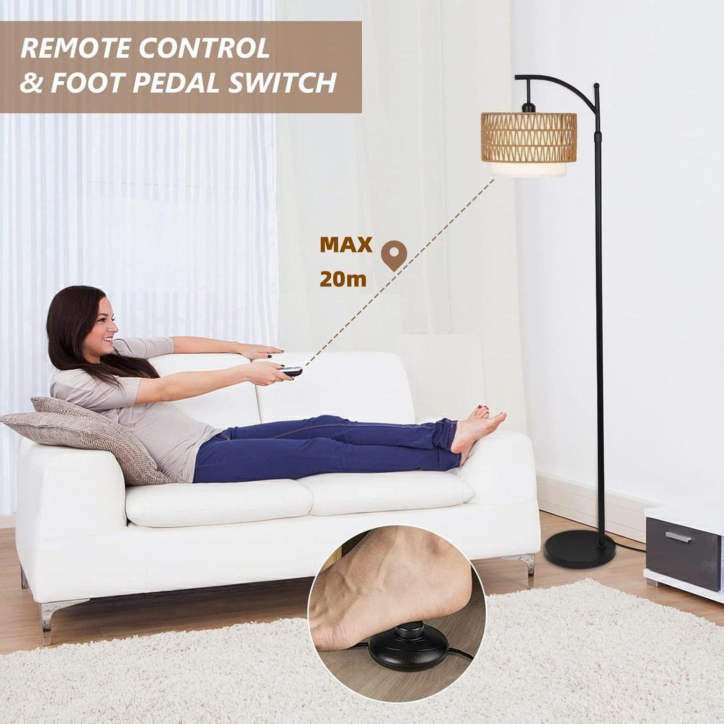 Adjustable Arc Floor Lamp with Remote Control and Dual Shades