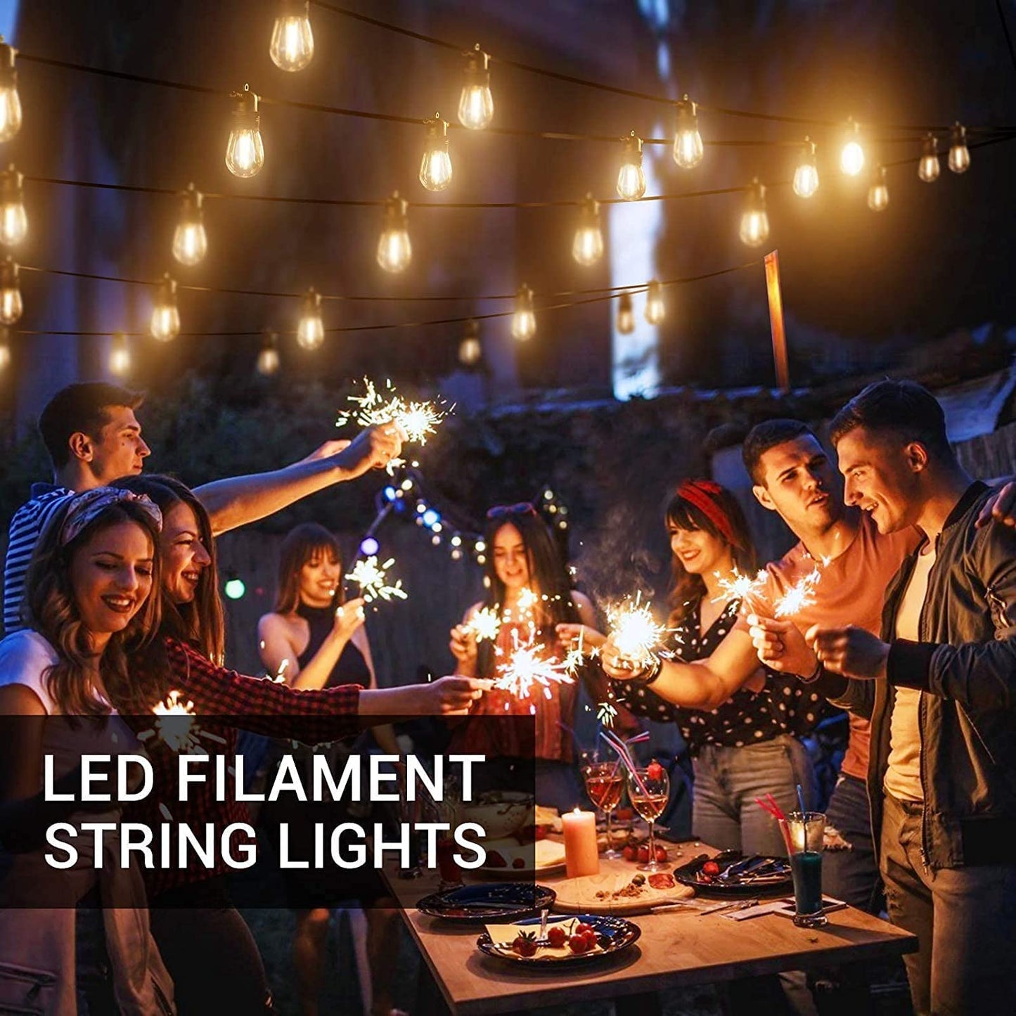 53FT Outdoor LED String Lights with 15 Dimmable Bulbs, IP65 Waterproof Garden Lights for Patio and Party