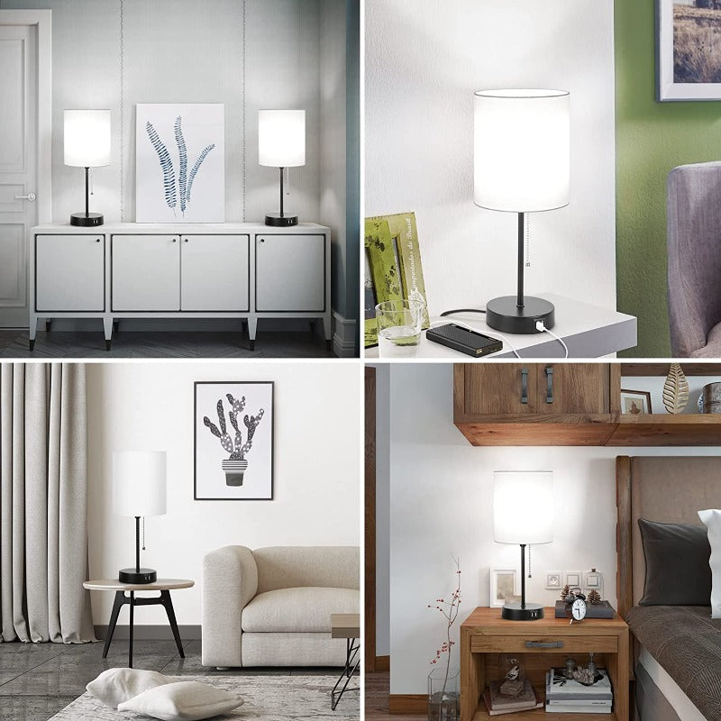 Gray Table Lamps Set of 2 with USB Ports and AC Outlet, Modern Minimalist Design