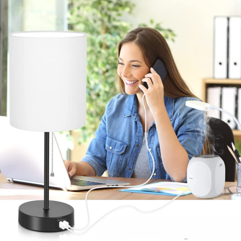 Gray Table Lamps Set of 2 with USB Ports and AC Outlet, Modern Minimalist Design