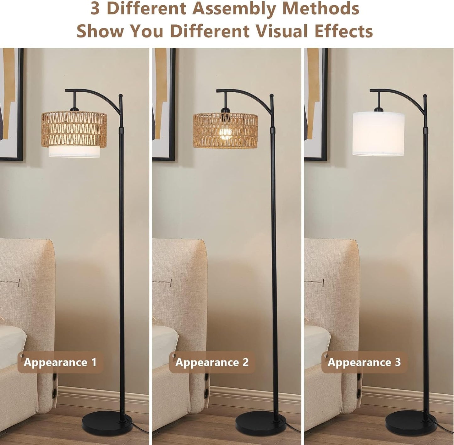 Adjustable Arc Floor Lamp with Remote Control and Dual Shades