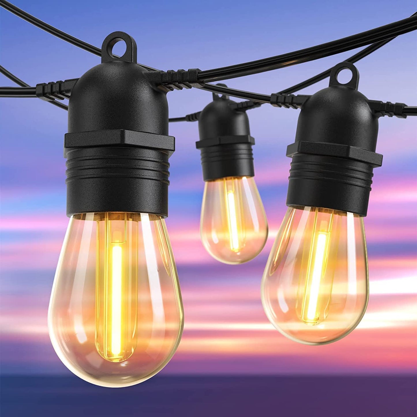 53FT Outdoor LED String Lights with 15 Dimmable Bulbs, IP65 Waterproof Garden Lights for Patio and Party