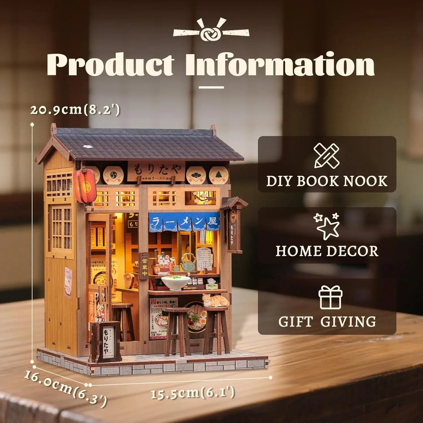 Touch-Activated LED Ramen Bar Display with Dust Cover and Cat Figurine