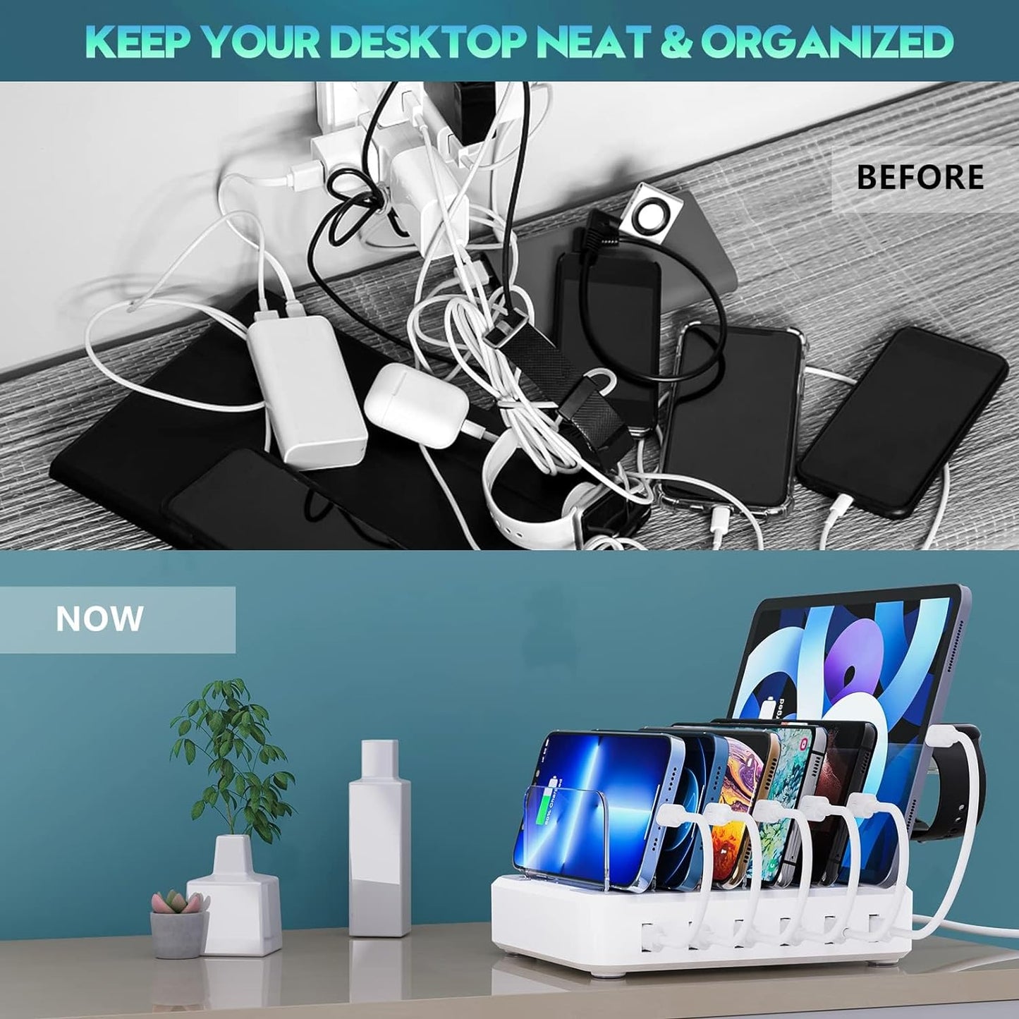 6-Port Fast Charging Station with Adjustable Dividers and Earbud Holder