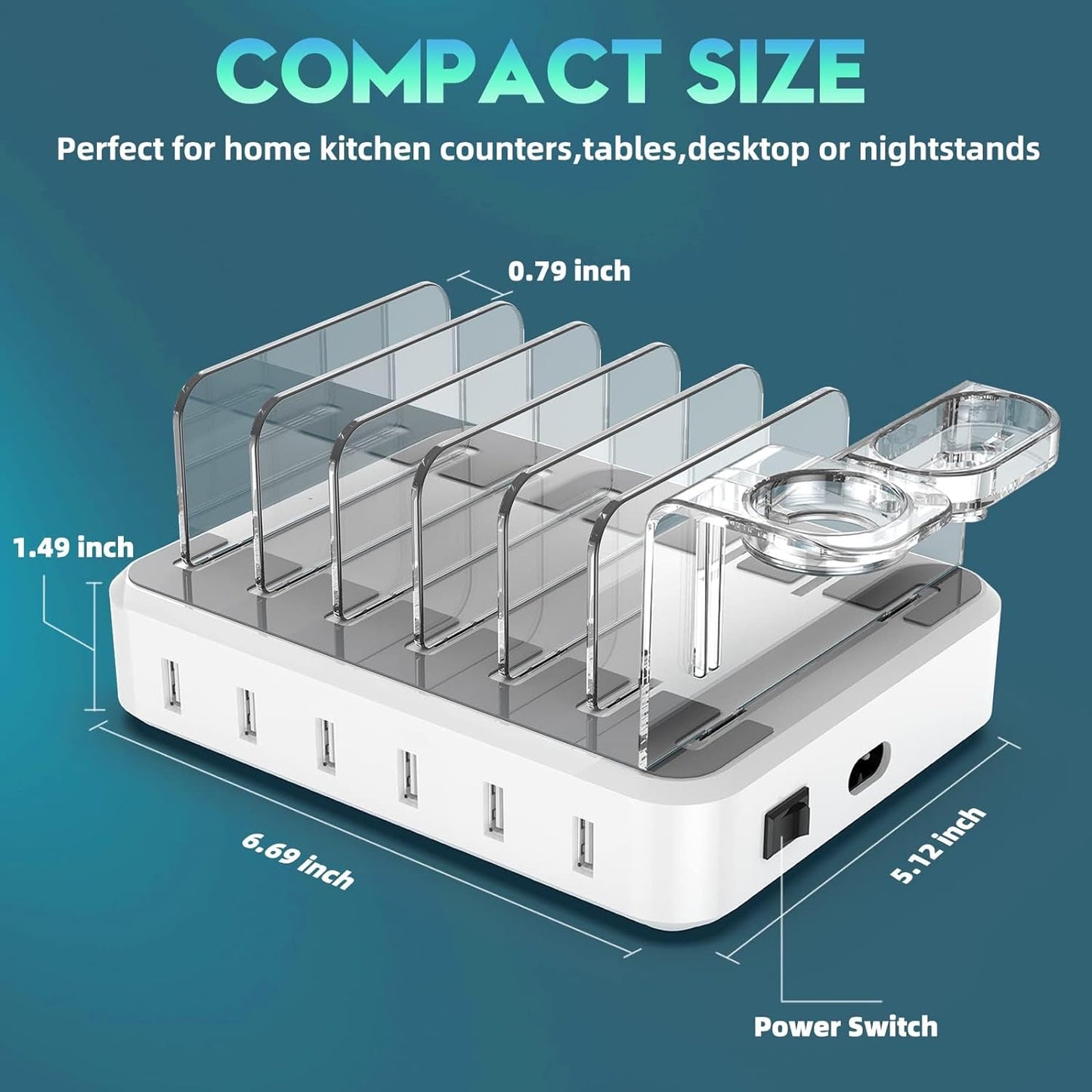 6-Port Fast Charging Station with Adjustable Dividers and Earbud Holder