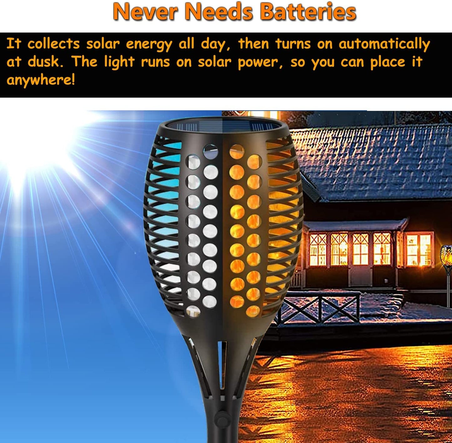 Solar Tiki Torch with Flickering Flame Effect - 42.9-Inch Outdoor Light