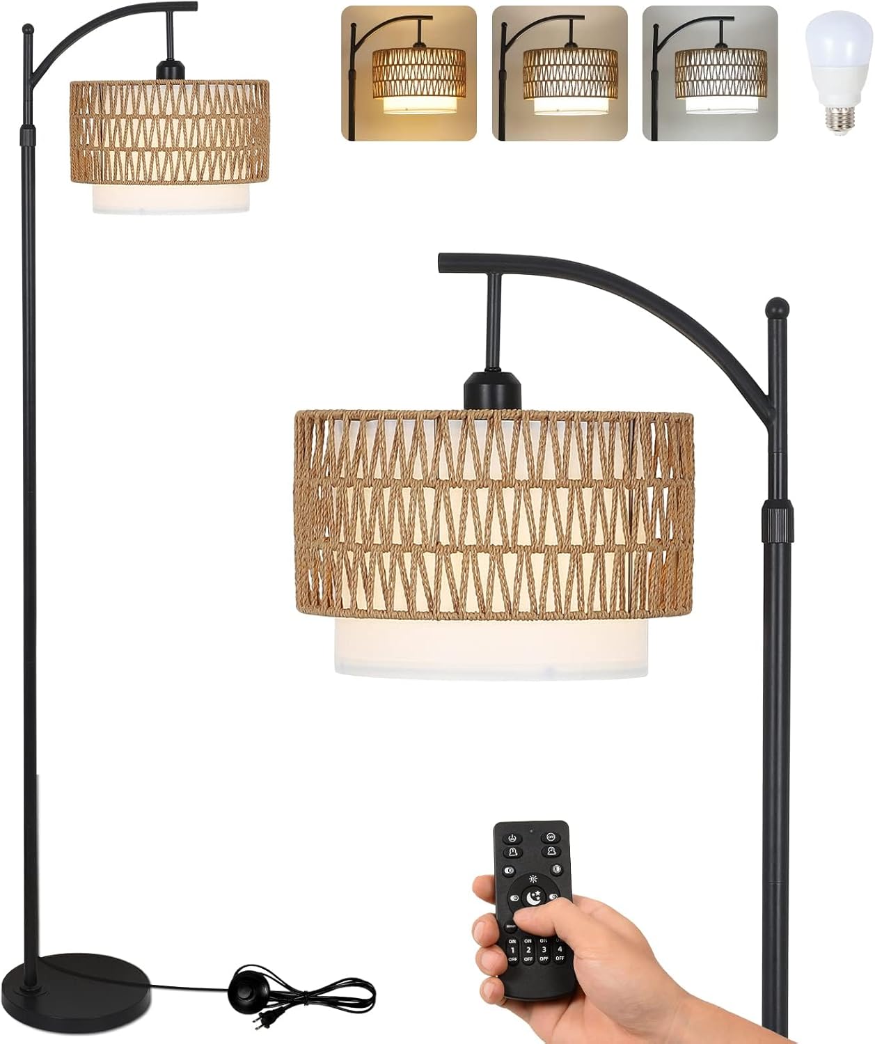 Adjustable Arc Floor Lamp with Remote Control and Dual Shades