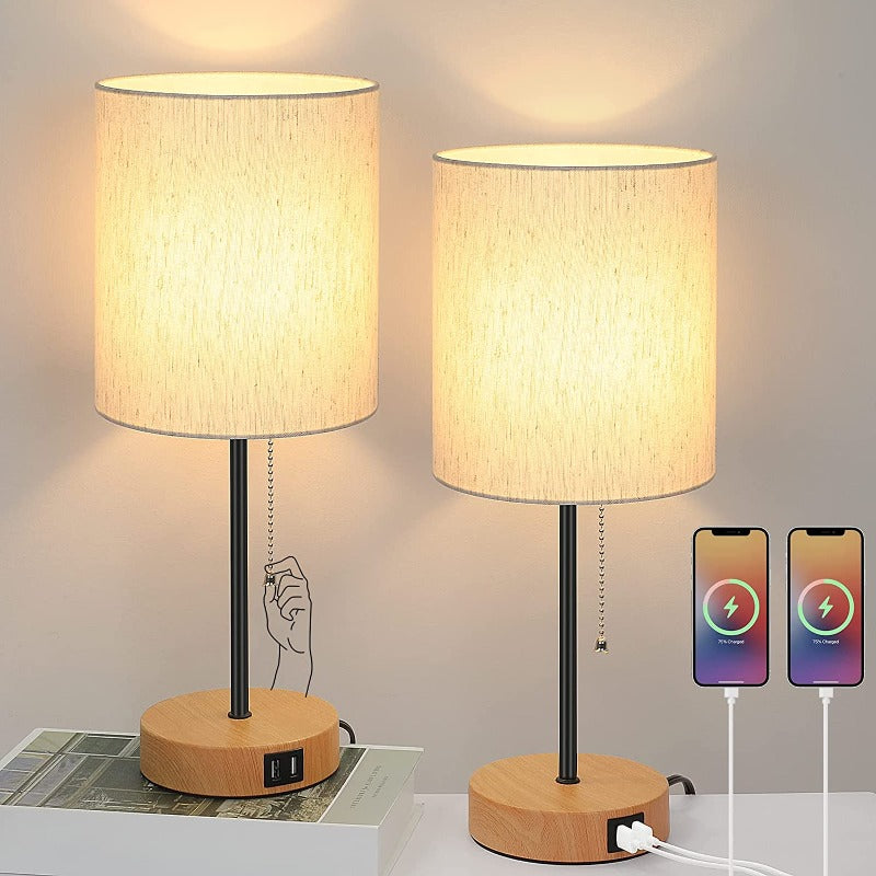 Gray Table Lamps Set of 2 with USB Ports and AC Outlet, Modern Minimalist Design
