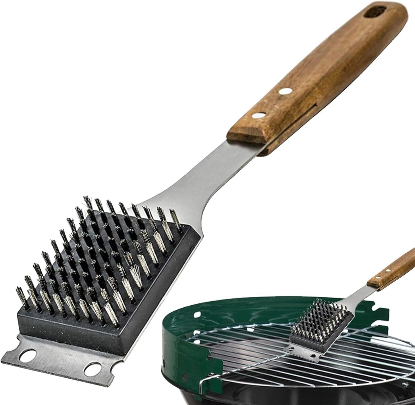 Stainless Steel Grill Brush with Ergonomic Wooden Handle