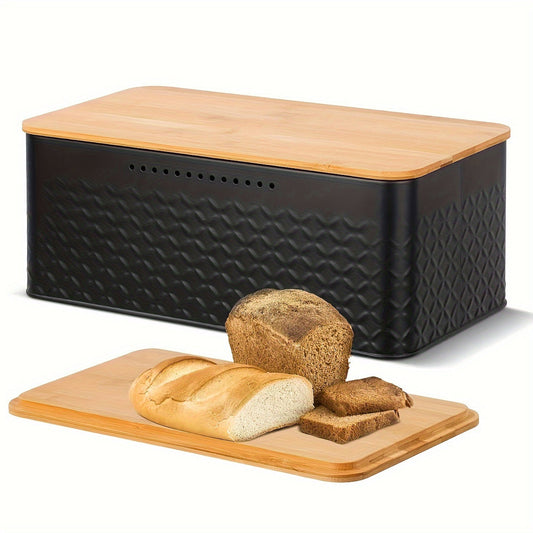 Large Metal Bread Box with Bamboo Cutting Board Lid