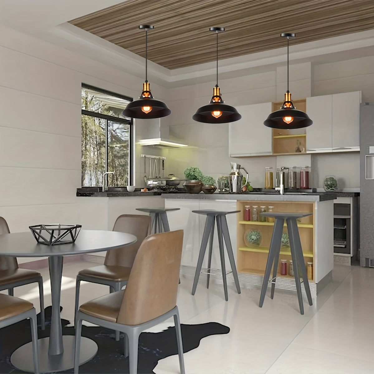 Industrial Black Metal Pendant Light Set with Brass Accents - 3-Piece