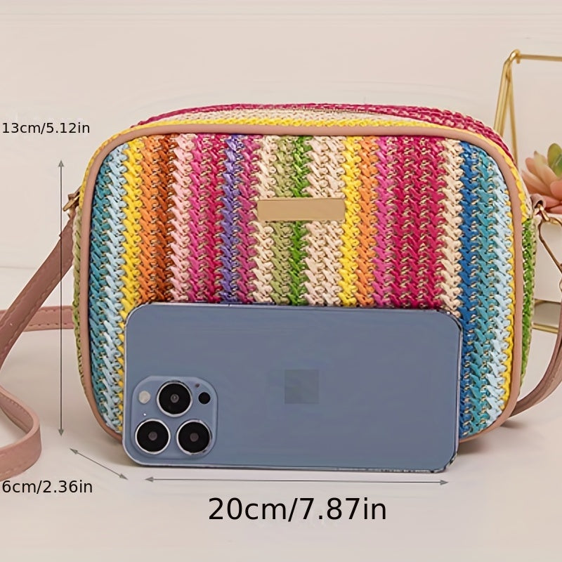 Woven Striped Shoulder Bag for Women with Zipper Closure