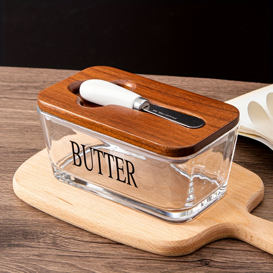 Acacia Wood Lid Glass Butter Dish with Spreader