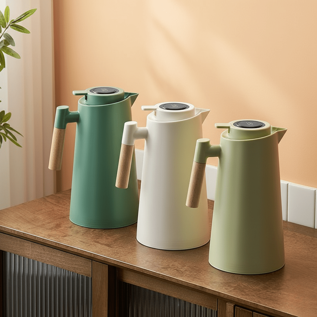 Double-Walled Stainless Steel Thermos with Temperature Display and Wooden Handle