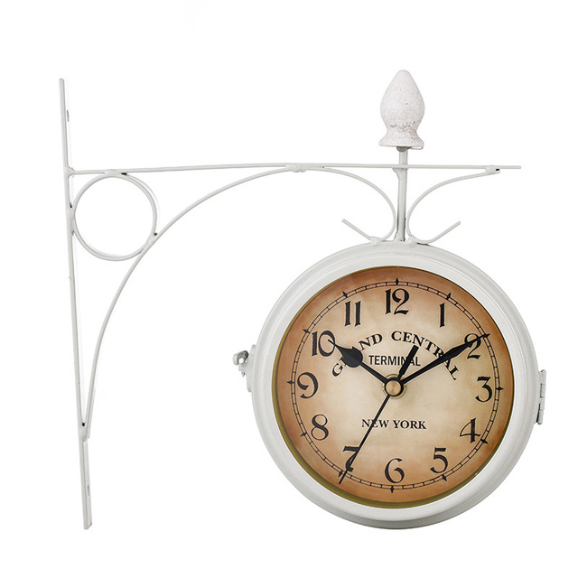 Double-Sided Vintage Iron Wall Clock with Analog and Digital Display