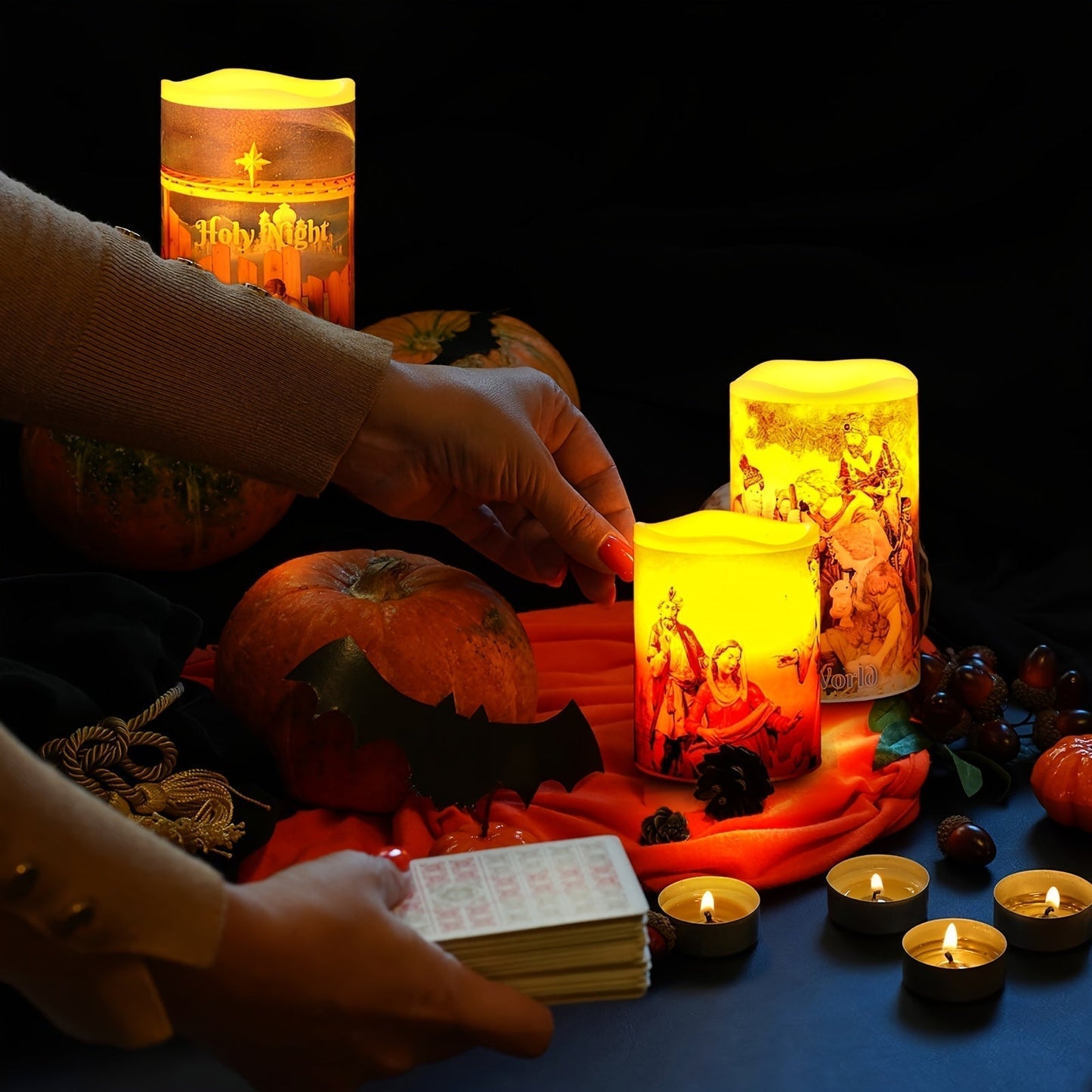 Flameless LED Christmas Candles Set with Nativity Scene – Battery-Powered Wax Lights with Timer