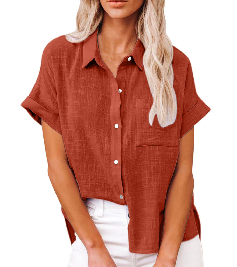 Women’s Loose Fit Cotton-Linen Blouse with Button Closure and Short Sleeves