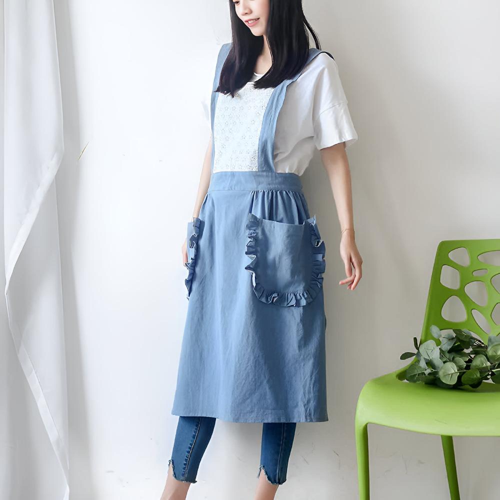 Chic Ruffle Pocket Cotton-Linen Apron