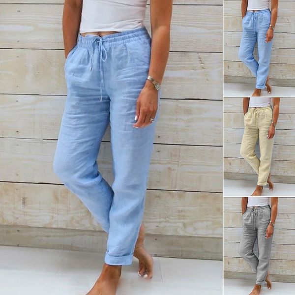 Women's Linen Cotton Pants with Elastic Waist and Drawstring