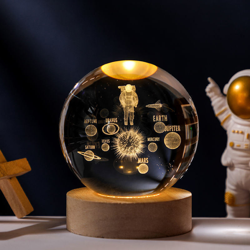 3D Solar System Crystal Ball Night Light with Wooden Base