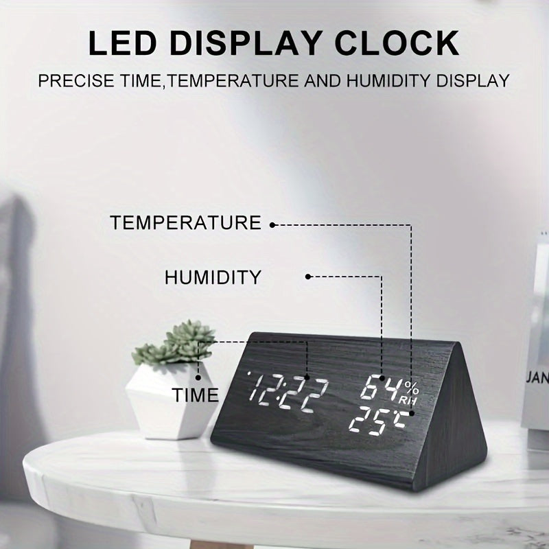 Modern Wooden LED Digital Alarm Clock with Temperature and Humidity Display