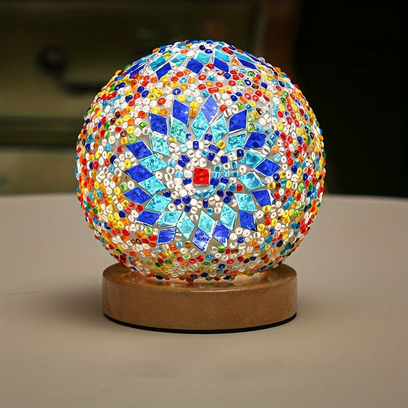 Mosaic Glass Globe Table Lamp with Wooden Base - Turkish Moroccan Style