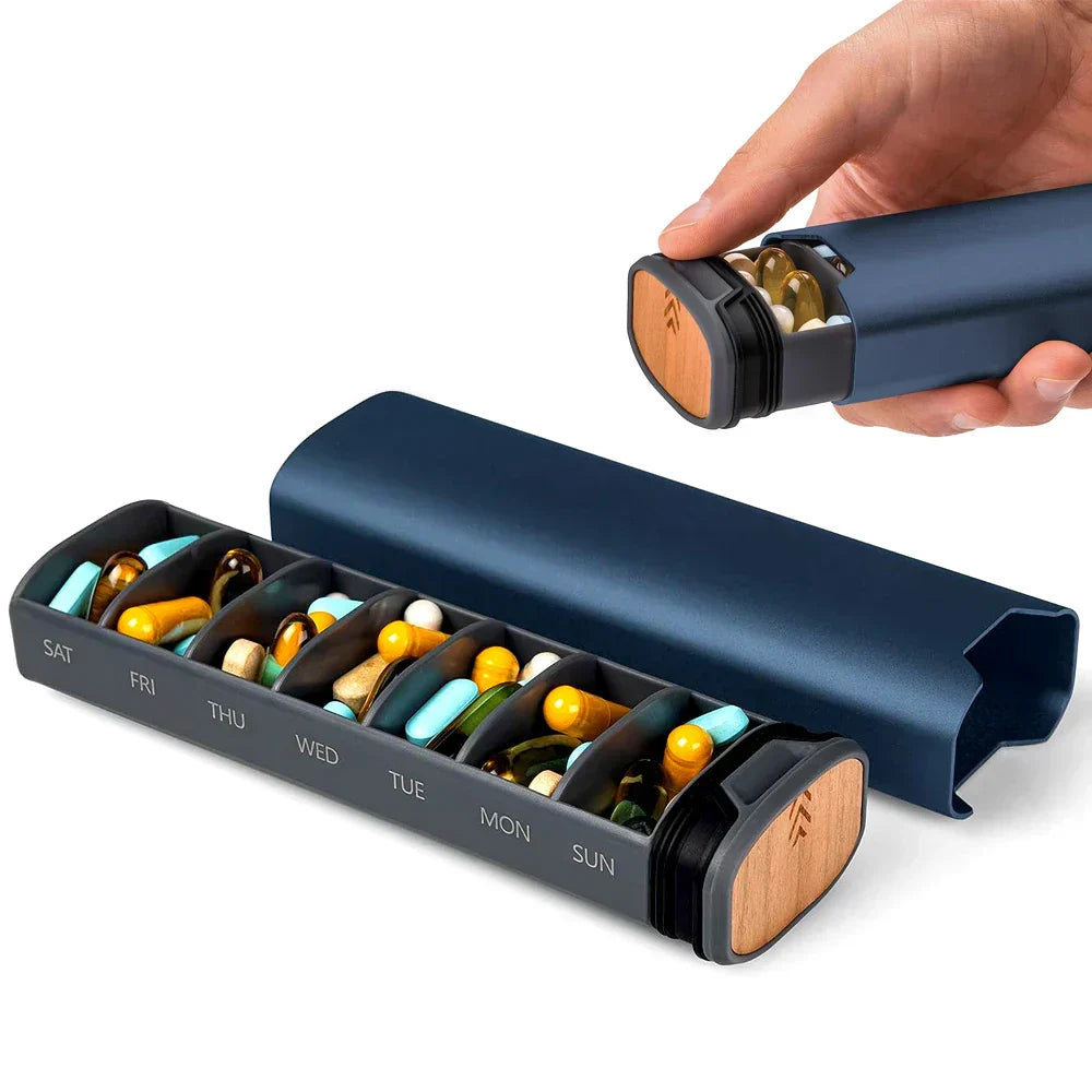 Sleek 7-Day Aluminum and Wood Pill Organizer