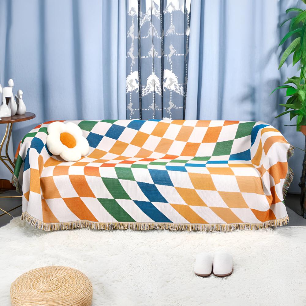 Colorful Checkerboard Tassel Throw Blanket