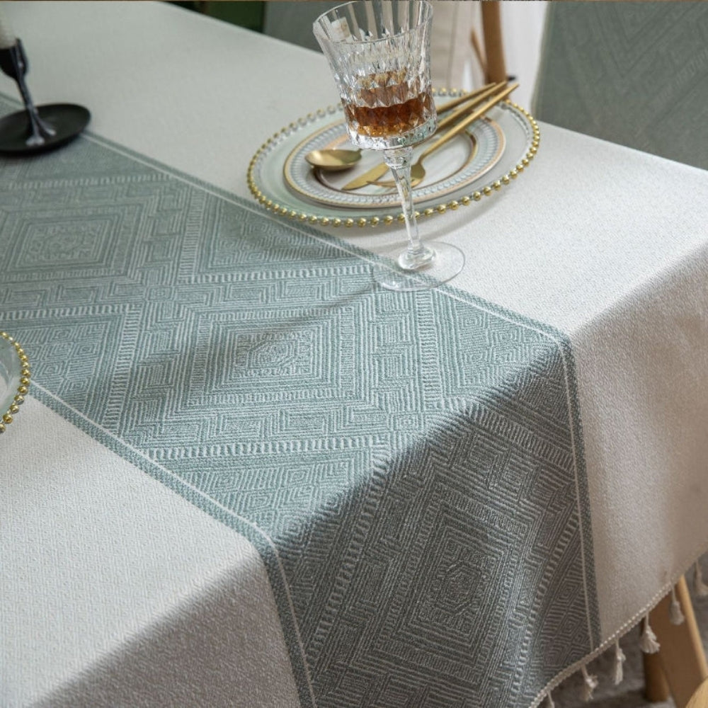 Geometric Jacquard Tablecloth with Tassel Fringe