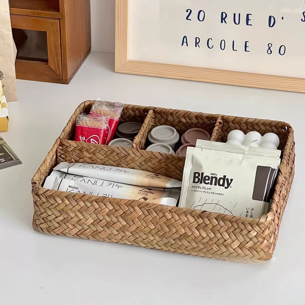 Handwoven Rattan Storage Organizer with Multiple Compartments