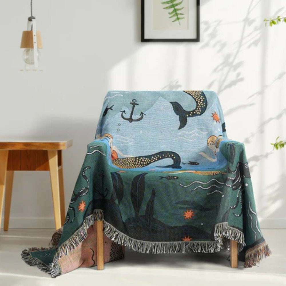 Mermaid Tapestry Sofa Cover with Tassels