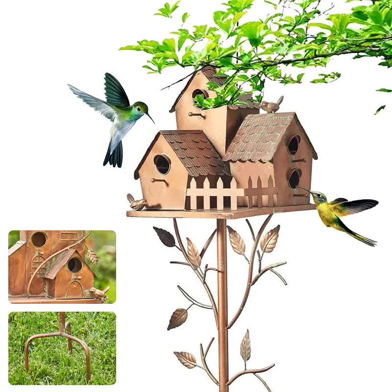 Rustic Metal Birdhouse Garden Stakes for Outdoor Decor