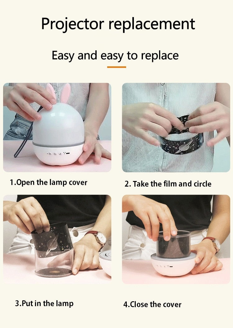 LED Bunny Projector Night Light with Starry Sky Effects